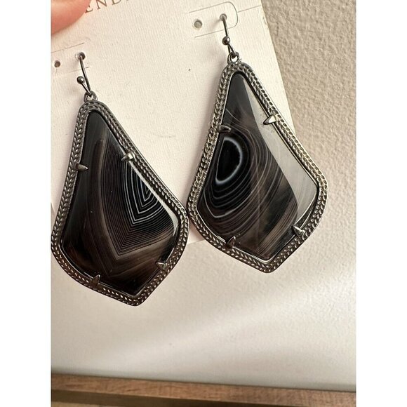 Kendra Scott Alexandra Gunmetal Earrings Black Banded Agate Statement Dangle BBA - Picture 3 of 3